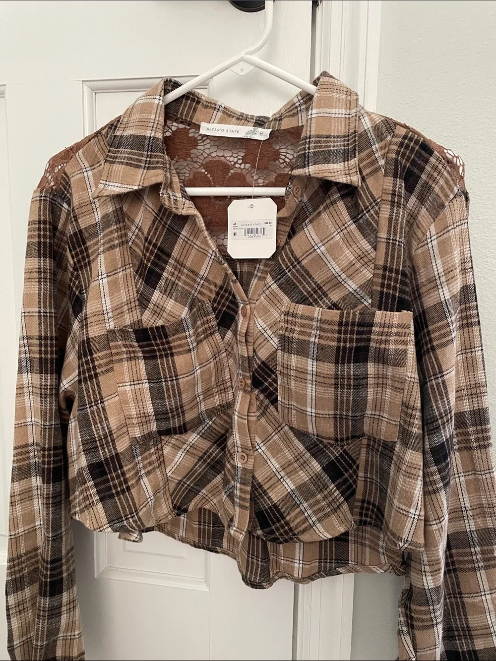 Altar'd State Brown & Black Plaid Button-Front Jean Jacket with Lace Back